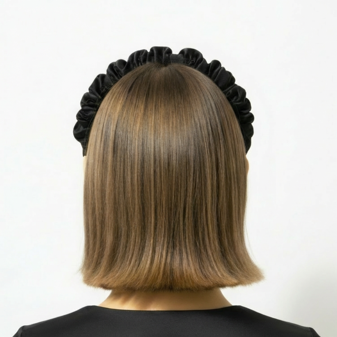 short haired model wearing the eclat black silk headband